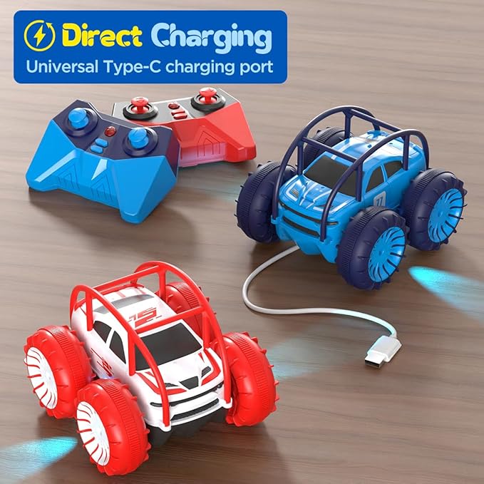 Remote Control Car, Fast Direct Charging RC Cars Amphibious 360° Rotating LED Rechargeable Stunt Car 2.4Ghz 4WD All Terrain RC Race Cars Toy Christmas Birthday Gift for Kids Boys Girls Aged 3-12 years