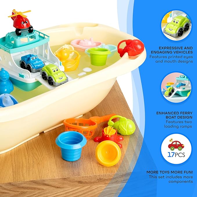 Ferry Boat Kids Bath Toy Set – 17 Pcs Toddler Pool Toys with Stacking Cups, Toy Ferry Boat, Train, 2 Cars & A Helicopter Addition for Fun Water Play, Toddler Bath Toys for 1 Year Old & Up