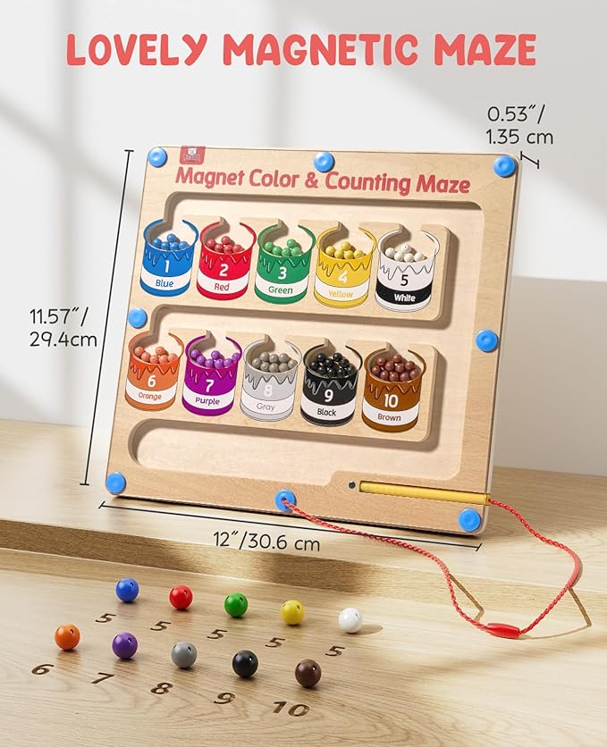 GAMENOTE Magnetic Color and Number Maze - Educational Fine Motor Skills Toys for Boys Girls 3 4 5 Years Old, Wooden Color Matching Learning Counting Toddler Puzzle Board