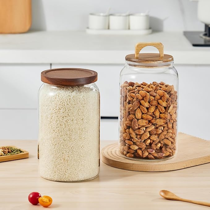 Sweejar Large Glass Candy Jars with Wooden Lids, 1 Gallon Glass Jar with Lid, Sugar/Flour Storage Containers, Big Glass Canisters with Airtight Lid, 2 Pack, Hand Lid