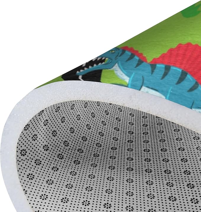 Kids Rug, Jurassic Forest Park Road System Playmat Rugs - 5x7 Ft Kids Carpet with Rubber Backing, Stegosaurus Spinosaurus Dinosaur Play Mat Great for Playing with Cars for Bedroom Playroom Nursery Rug