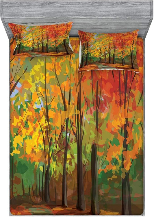 Ambesonne Rustic Fitted Sheet & Pillow Sham Set, North Woods Falling Leaves Fall Park Road Autumn Leaves Seasonal Colors Romantic, Decorative Printed 3 Piece Bedding Decor Set, King, Orange and Green