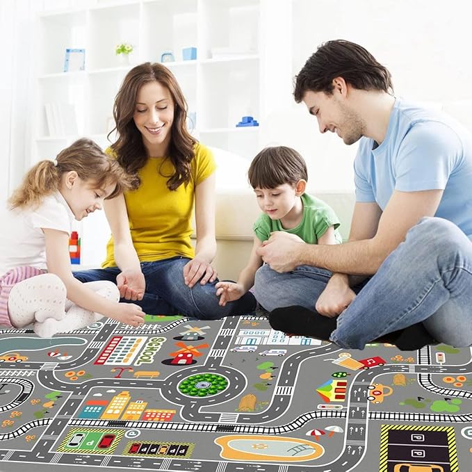Car Rug Play Mat Great for Playing with Cars and Toys, Kid Playroom Carpet with Rubber Backing, Game Area for Baby Toddler Kid Child Educational Learn Road Traffic in Bedroom, Classroom