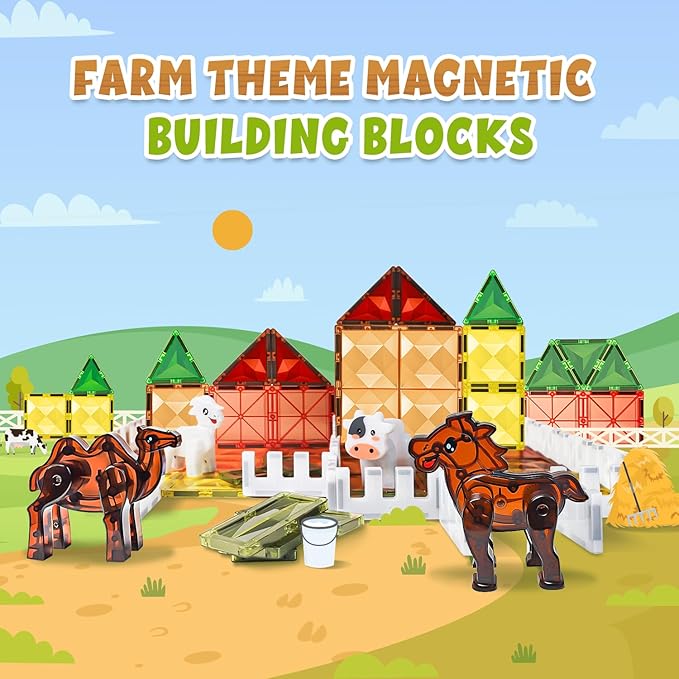 Magnetic Tiles for Kids Ages 4-8, Farm Magnet Tile Set with Animals for Toddlers Ages 3+ Boys Girls, Magnets Building Blocks Toy for Travel, Stem Educational Toys for Preschool