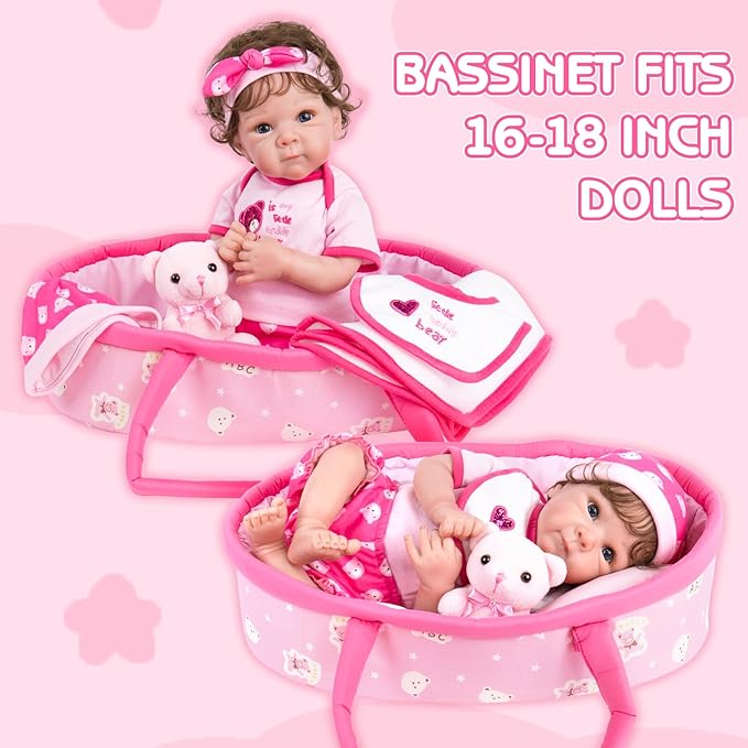 Aori 10 Pcs Reborn Baby Dolls Clothes Set with Pink Bassinet for 16-18 Inch Baby Doll, Carrier Bed and Baby Doll Clothes Outfit Accessories fit Newborn Baby Girl