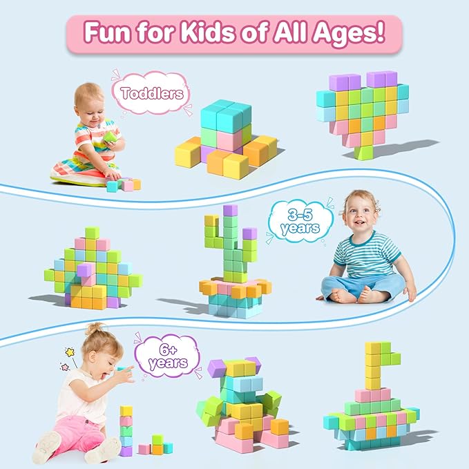 1.34 inch 56PCS Magnetic Blocks for Toddlers 4-8 Large Macaron Magnet Building Cubes for Kids Ages 3-5 Stem Preschool Stack Construction Educational Toys for 3+ Years Old Boys Girls