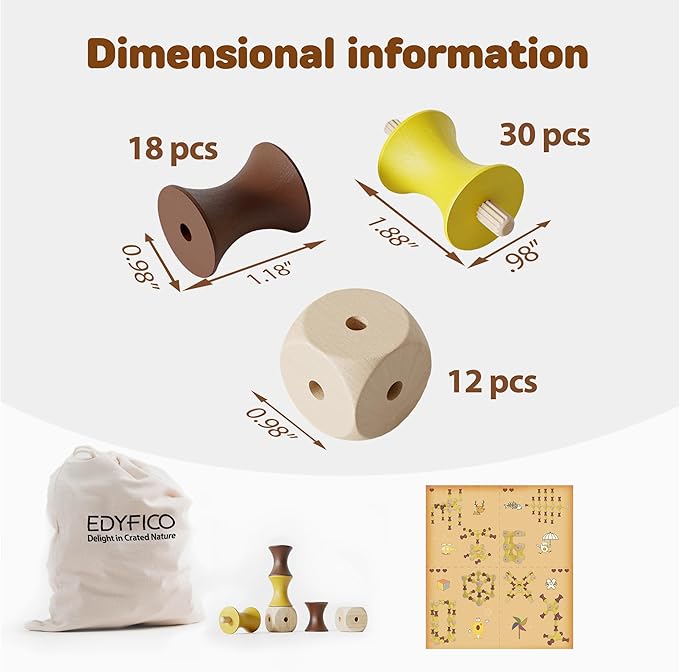 TZJ201, Wooden Building Blocks for Kids, 60Pcs SPINING Stacking Blocks, Durable & Safe Wood, STEM Learning Toys with Canvas Bag, Montessori Toys for Toddler 1-3, for Home, School, Travel