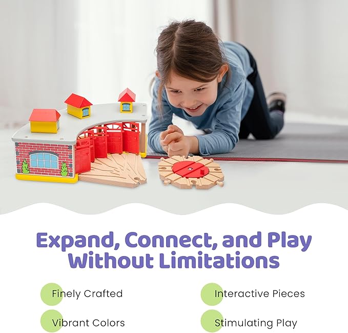 inc. Wooden Train Round House Combo with Rotating Turntable, Train Shed to House 5 Engines or Cars, Rotating Turntable Switching Track Compatible with Major Brand Railway Sets