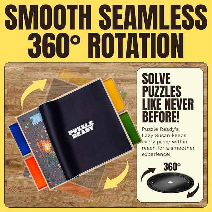 Puzzle Ready Puzzle Board with Drawers & Cover - 1000 Pieces Wooden Jigsaw Puzzle Table Mat with Lazy Susan Spinning Cover & Colorful Sorting Trays for Family - 24”x 30”