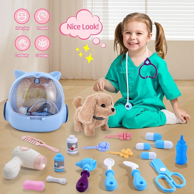 25Pcs Doctor Kit for Toddlers 1-3-5 Doctors Play Set Toddler DR Toys Set Walking Barking Dog Toys for Kids Veterinarian Playset Kids Puppy Pet Vet Kit 3 4 5 Year Old Girl Birthday Gift Toys