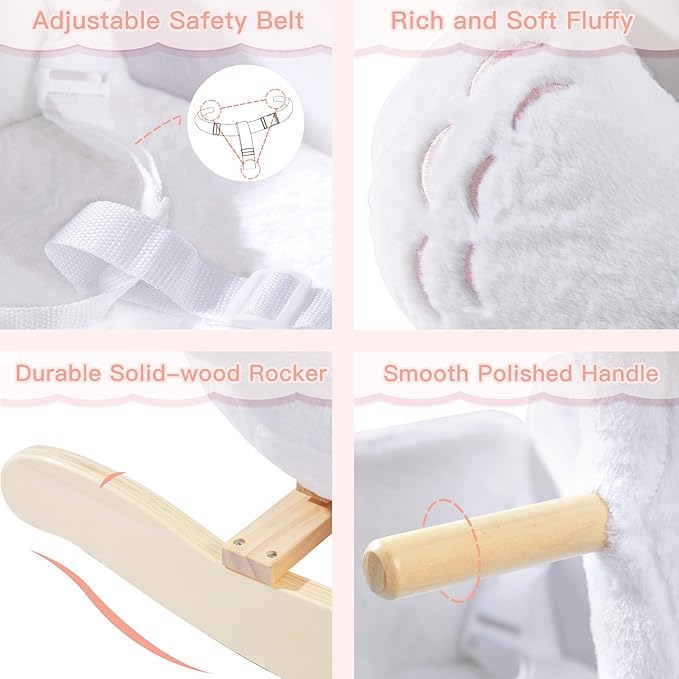 labebe Kids Rocking Horse White Swan with Little Plush Doll Toys, Stuffed Animal Wooden Rocker for Children 6 Months Boys and Girls/Nursery Christmas, Birthday Gift (Rocking Swan with Doll)