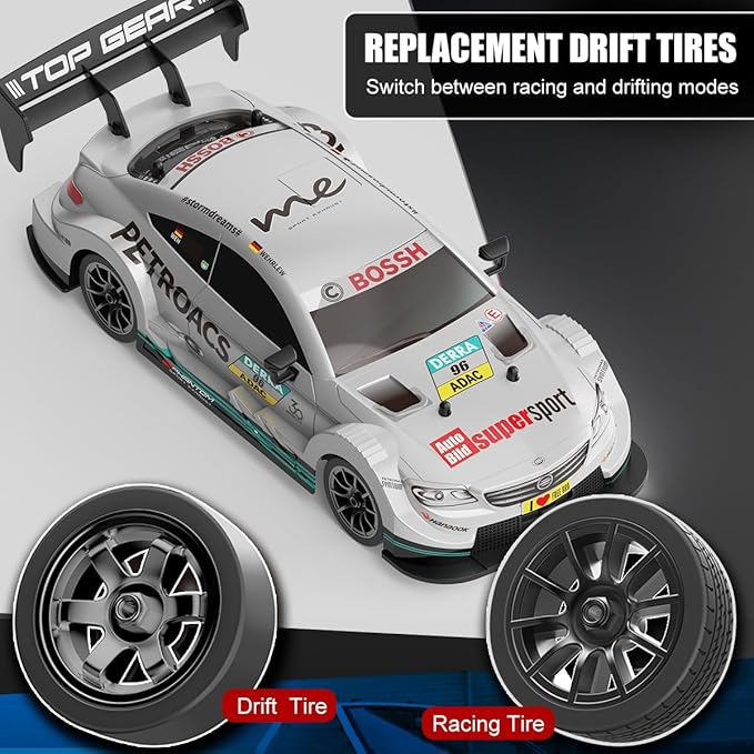Dollox RC Drift Car 1/16 Scale Remote Control Car 2.4GHz 4WD 30+KM/H High Speed Vehicle with LED Lights, Extra Drifting Tires Racing Vehicle Toys Birthday Gifts for Adults Boys, 2 Batteries, Silver