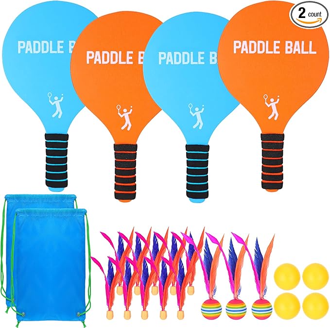 Beach Paddle Ball Set - Funny Paddleball Rackets Game, Outdoor Sports Toys for Kids Adults Family Games Beach Yard Lawn Party Supplies(4 Paddles, 13 Birdies, 4 Balls, 2 Drawstring Bags)