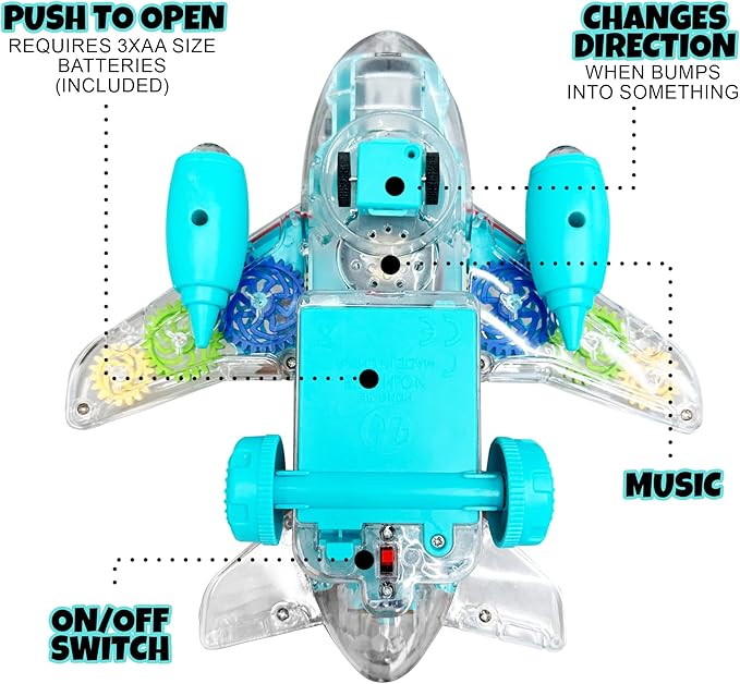 ArtCreativity Light-Up Transparent Airplane Toy for Toddlers 1-3, Fun Bump-and-Go Plane Toy for Kids 3-5, with Colorful Moving Gears, Music, and LED Effects - Perfect Airplane Gift for Boys and Girls