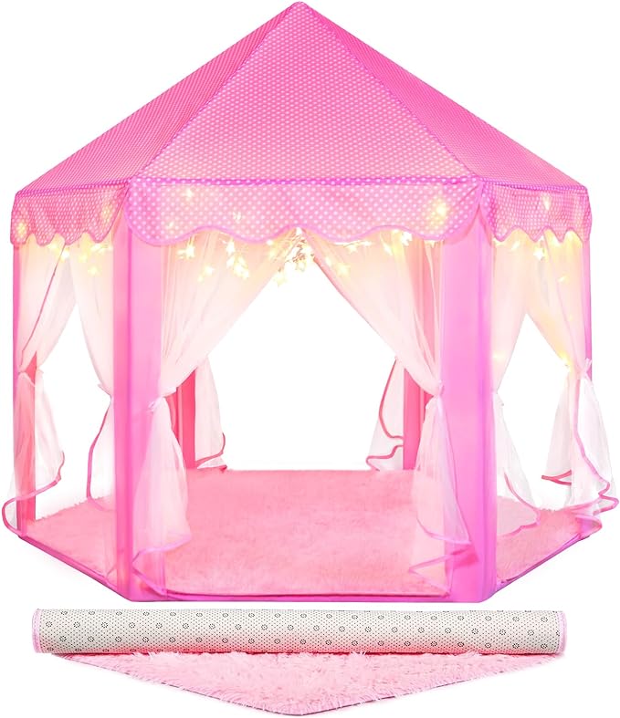 Princess Tent for Girls Indoor: with Rug, Star Lights - Pink Play Tent for Kids, Girls Toys for Indoor and Outdoor Games, Princess Castle Playhouse