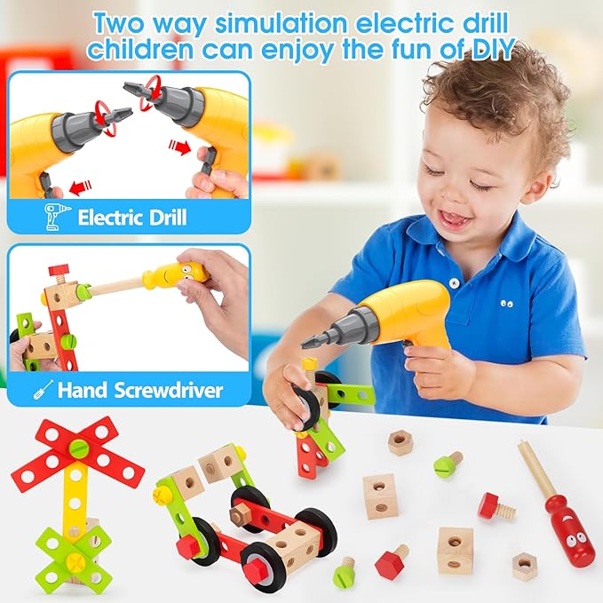 Kids Tool Set with Electric Drill, 46 Pcs Wooden Toddler Play Tools Set with Tool Box, Montessori STEM Educational Construction Building Toy for 3 4 5 6 Year Old Boys Girls Birthday Gifts