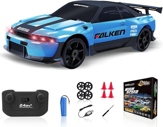RC Drift Car 1/24 2.4GHz 4WD Remote Control Car RC Cars Toy Car for Boys Girls Birthday, Mini Drift RC Car with Light Rechargeable Battery and Drift Tires Xmas Toys for Kids Blue
