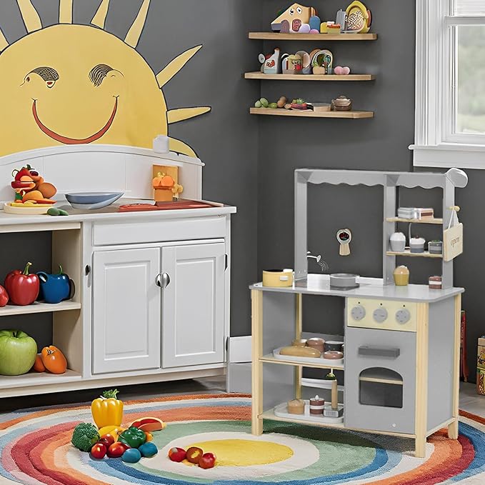 Wooden Play Kitchen Set for Kids, Kids Kitchen Playset Chef Pretend Cooking Set for Toddlers, Children Toys Kitchen with 28 Pcs Toy Bread & Bakeware Accessories