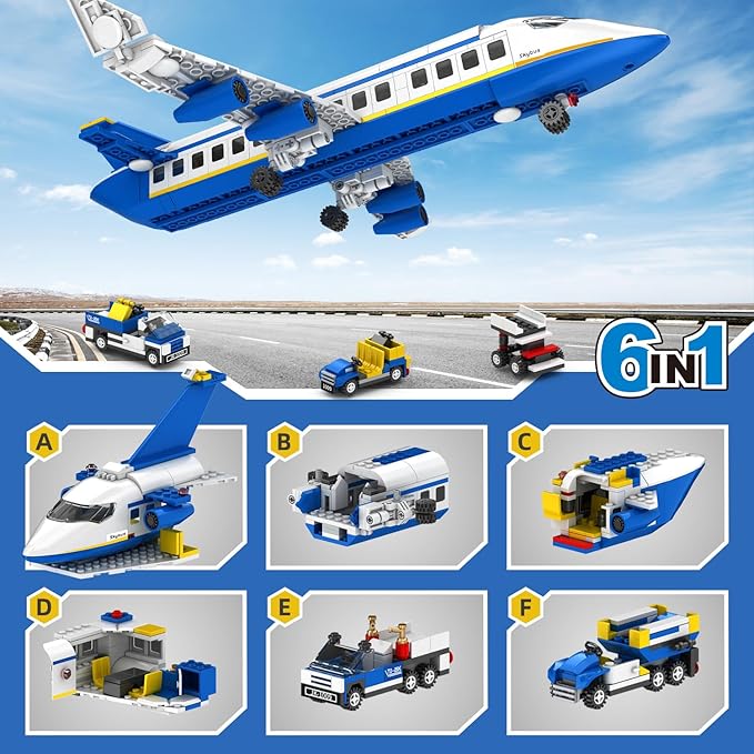 City Passenger Airplane Building Set,516 PCS STEM 6 in 1 Airport Passenger Plane Building Block Toy with Baggage Truck, Shuttle Bus, Christmas Birthday Gifts for Adults Boys Girls Age 6-12+