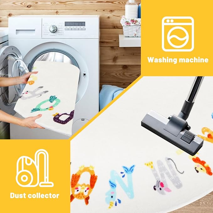 Round ABC Kids Rug,5.2 ft Animal Alphabet Playroom Rug,Washable Non-Slip Cute Nursery Rug for Kids Room,Educational Kids Play Rug Classroom Carpet for Playroom Kids Room Bedroom Decor