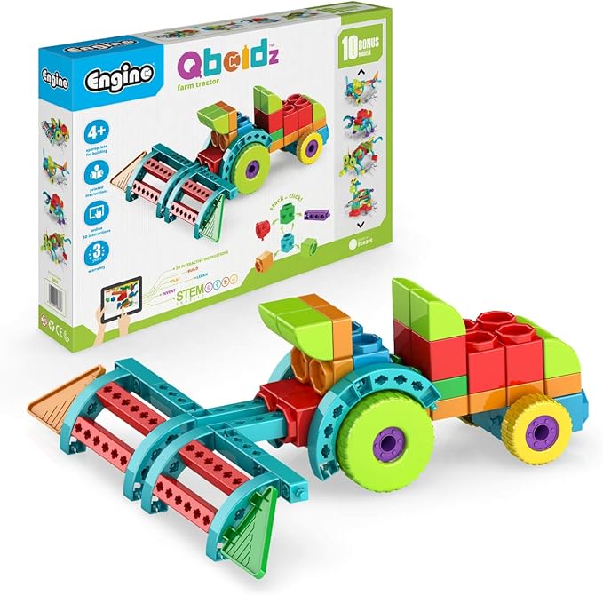 Engino: Qboidz Farm Tractor - 10 Model Brick Building Set, Toy Construction, Coloring-Math Activities, Stack-Click Assembly, STEM Play-Learn, Kids 4+