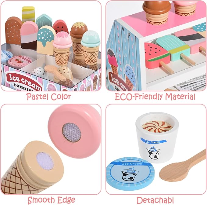 Wooden Ice Cream Toys Kids Kitchen Play Store for Toddlers Girls, Play Kitchen Accessories with Scoop & Menu & Fake Money, Wooden Toys for 3 4 5 Year Old Girls Boys Birthday