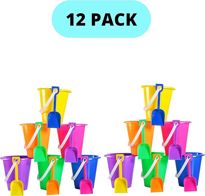 12 Sets 5.5" Sand Buckets and Shovels for Kids Bulk (12 Pack) Small Beach Bucket for Summer Outdoor Sand Toys, Party Favors, Basket Stuffers, End of Year Student Gifts from Teacher