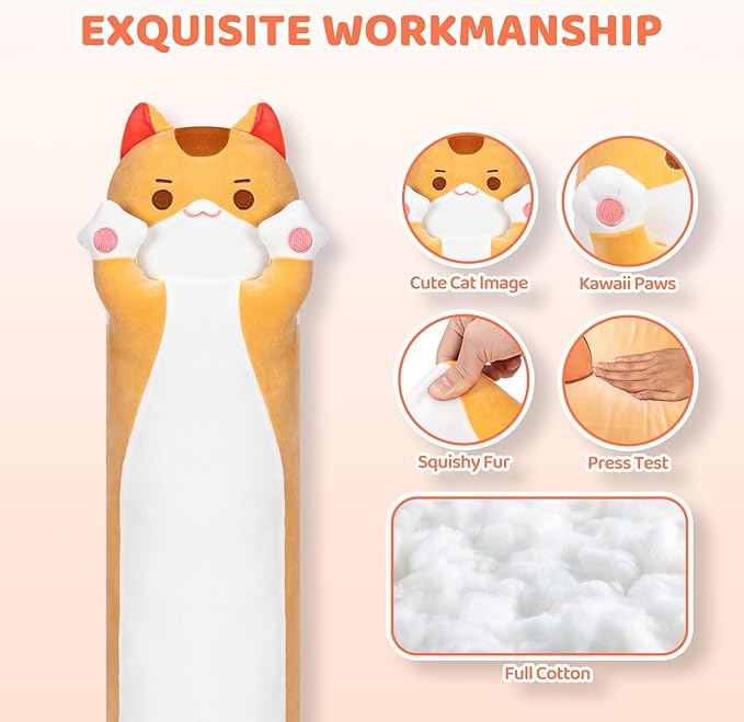 Artist-Designed Ultra Soft Long Cat Plush Body Pillow, Extra Stuffing for Comfort, Premium Quality Stuffed Animal Gift for Girlfriend or Cat Lovers (Brown Cat Body Pillow 53 Inch)