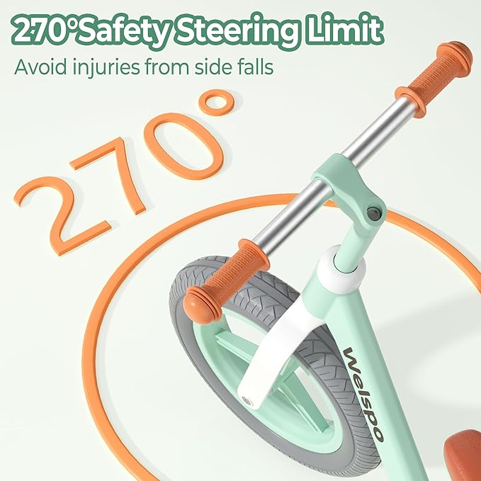 welspo 12-Inch Kids Balance Bike, No Pedal Toddler Bike for 2-5 Years Old Boys and Girls, Lightweight Nylon Frame with Adjustable Handlebar and Seat, Shock Absorption, Anti-Slip PU Airless Tires