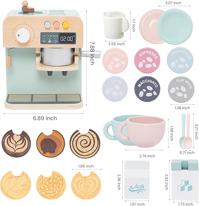 Kids Coffee Maker Playset, 23PCS Wooden Kitchen Toys, Play Kitchen Accessories for Toddler, Espresso Machine Playset, Gift for Boys and Girls 3 4 5 Years