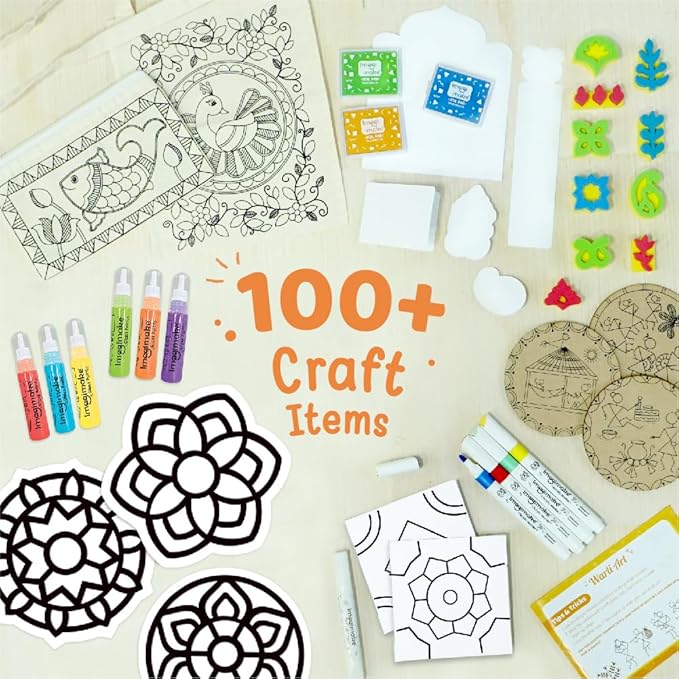 Imagimake Indian Art Forms- Arts and Crafts for Kids Ages 8-12, Learn 5 Indian Art Forms-Madhubani, Warli, Lippan, Mandala & Block Printing Arts, DIY Craft Kit for Girls & Boys- Gift for Kids