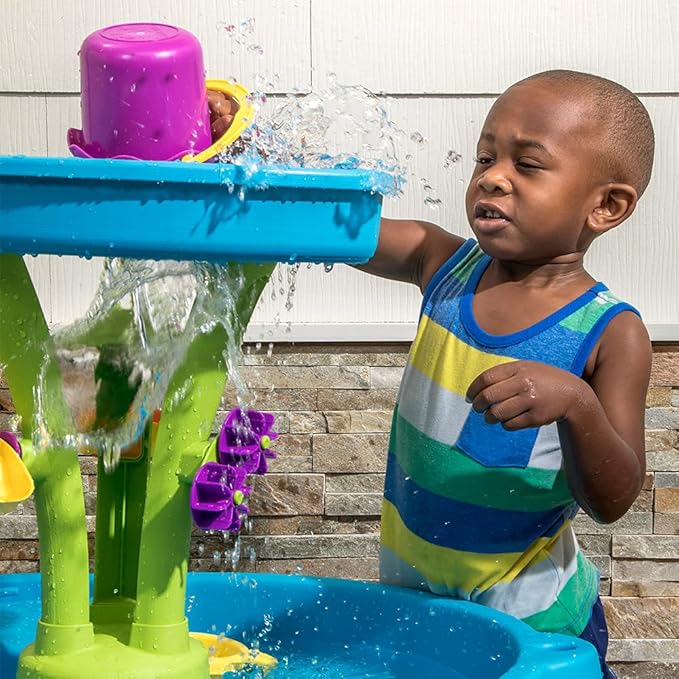 Step2 Summer Showers Splash Tower Water Table for Kids, Outdoor Kids Water Sensory Table, Ages 1.5+ Years Old, 8 Piece Water Toy Accessories, Blue & Green