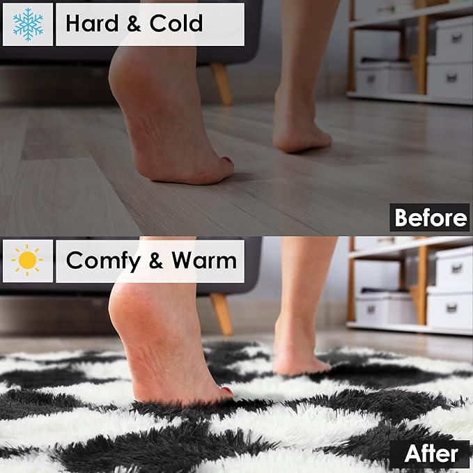 KICMOR Area Rugs for Bedroom Living Room, 4x6 Black and White Fluffy Soft Checkered Rug Fuzzy Shag Shaggy Carpet, Indoor Plush Floor Rugs for Kids Boys Girls Teen Dorm Nursery Home Decor Aesthetic