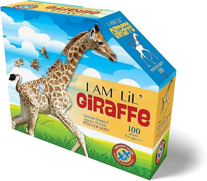 Madd Capp Lil' Giraffe 100 Piece Jigsaw Puzzle for Ages 5+ - 4002 - Unique Animal-Shaped Border, Poster Size When Completed, Oversized Puzzle Pieces for Easy Handling, Includes Educational Fun Facts