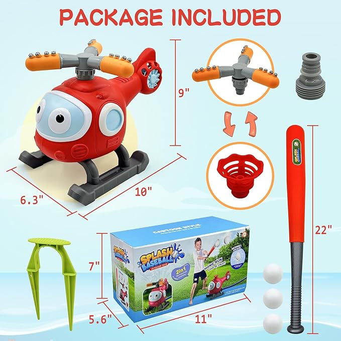 2 in 1 Water Sprinklers T Ball Set for Kids and Toddlers, Baseball Sprinkler for Backyard Helicopter Toy, Attaches to Garden Hose Summer Pool Outdoor Water Toy