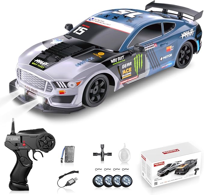 Remote Control Drift Car for Adults - 1/16 2.4GHz Small 4WD RC With LED Lights, Rechargeable Battery, and Drifting Tires - Toy for Boys and Kids
