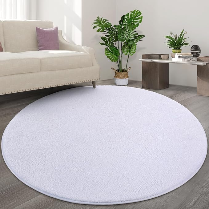 FlyDOIT Round Area Rugs for Bedroom Living Room, 4x4 White Super Soft Comfy Thickened Memory-Foam Indoor Circle Carpets, Modern Aesthetic Minimalist Carpet for Boys Girls Adults Nursery Home Décor