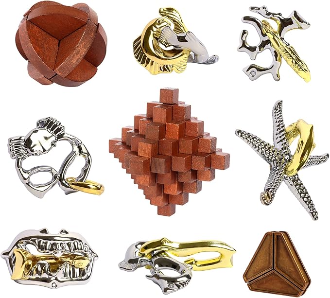 9pcs Difficulty Retro Wooden and Metal Puzzles Challenging Game for Adults, Teens, and Kids Brain Teaser Cool Mind Puzzles