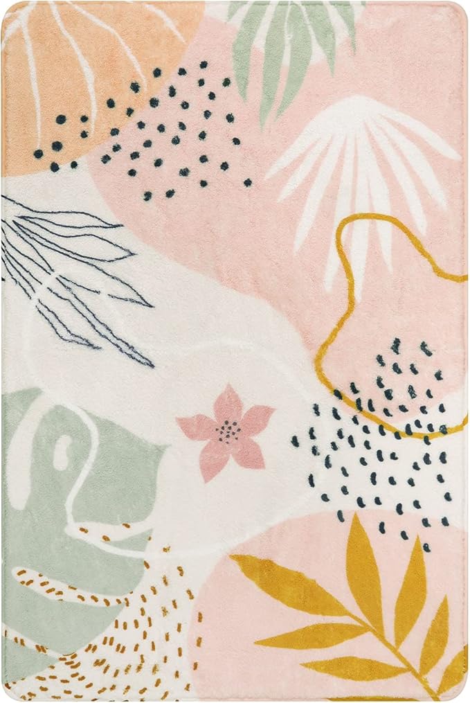 Lahome Pink Washable Entryway Rugs Indoor - 2x3 Small Non-Slip Kitchen Rug Soft Throw Rugs for Bedroom Girls Boho Botanical Print Floor Doormat Carpet for Bathroom Laundry Room Living Room Kids Room