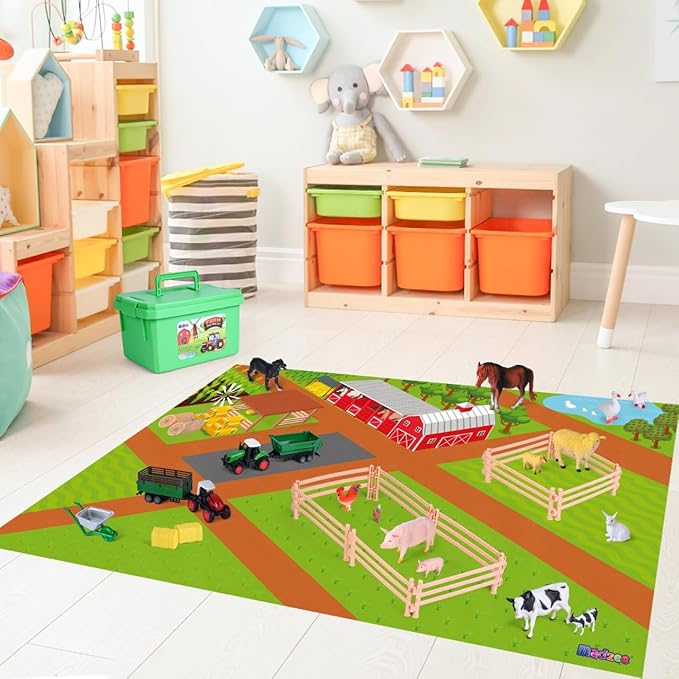 Farm Toy Set and Kids Activity Play Mat with Tractors, Animals, and Large Playmat Farm, Interactive Early Learning Toys for Toddler Boys and Girls - Great Gift for Birthday and Christmas