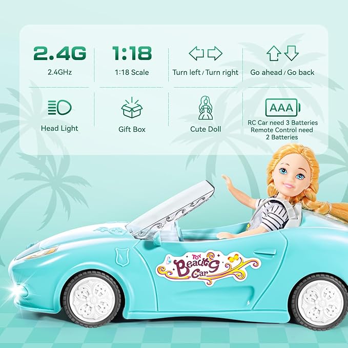 Blue Remote Control Car for Girls, 1:18 Scale RC Cars with LED Light, 2.4 GHZ Pink Truck Toy for Toddlers Kids, Birthday R/C Toys for Boys Girls Aged 4-7 (Batteries Not Included)