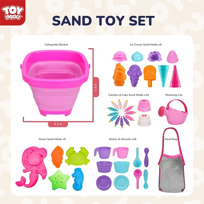 TOY Life 41 Pcs Beach Toys for Kids Ages 4-8 Collapsible Sand Toys Toddlers with Silicone Bucket Shovels & Sand Castle Building Kit Molds, Sandbox Toy Travel, Beach Party, Fishing, Summer Activities