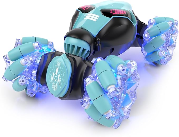 Powerextra 1:16 RC Stunt Car Gesture Sensing, with [Light & Music] for Boys Watch Hand Remote Control Car, Double Sided Rotating Off-Road Vehicle 360° Flips with 2 Batteries, Boy's Birthday Gift