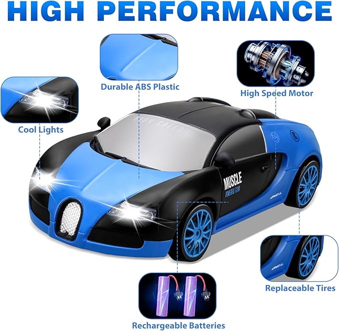 RC Drift Car, 1:24 Remote Control Blue High Speed Race Drifting Cars, 2.4GHz 4WD Electric Sport Racing Hobby Toy Car with Headlight and Double Batteries for Boys and Girls Adults