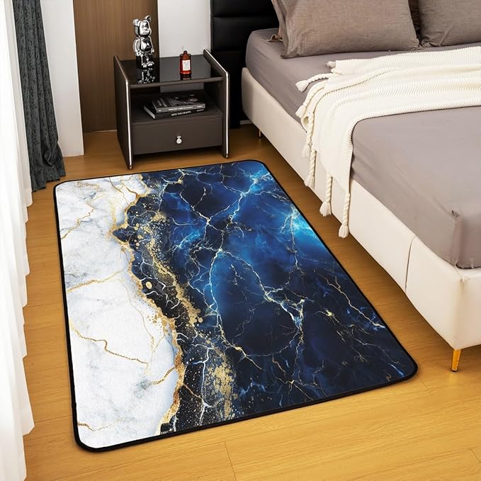 Erosebridal Marble Area Rug 4x5, Gold Giltter Rug, Navy Blue Stone Marble Carpet for Adult Men Women, Tie Dye Fluid Magma Abstract Art Hipster Non Shedding Decorative Rug for Bedroom