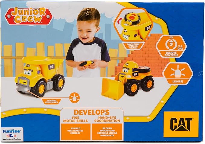 CAT Construction Toys, Junior Crew Lil' Movers Remote Control Truck, RC Car + Dump Truck, Working Headlights, with Child Friendly Controller