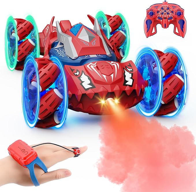 Remote Control Car Boys Toys: RC Cars 360°Flip 2.4Ghz Double Sided 4WD Transform Off Road for Rotating Hand & Remote Control Drift Stunt Cars Toy 6 7 8 9 10 11 12 Year Old Kids Girls (Red)