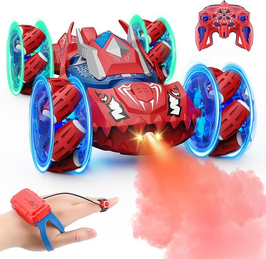 Remote Control Car Boys Toys: RC Cars 360°Flip 2.4Ghz Double Sided 4WD Transform Off Road for Rotating Hand & Remote Control Drift Stunt Cars Toy 6 7 8 9 10 11 12 Year Old Kids Girls (Red)