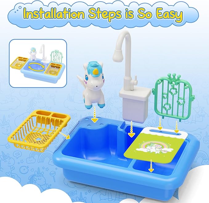 deAO Play Sink with Running Water,Color Changing Children Electric Dishwasher Upgraded Real Faucet and Play Dishes,Pretend Role Play Toys for Kids