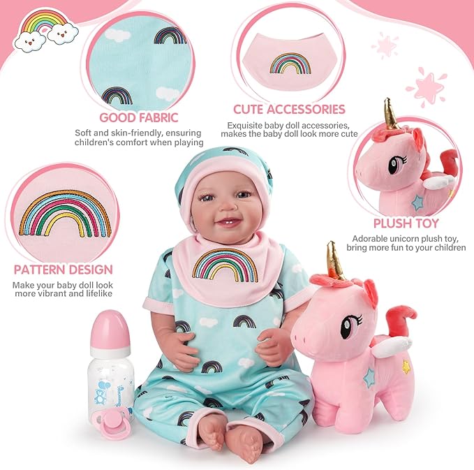 BABESIDE 8 Pcs Reborn Baby Doll Accessories with Bassinet for 17-22 Inch Baby Dolls, Babies Doll Clothes Outfit Accessories fit Reborn Doll Newborn Boy